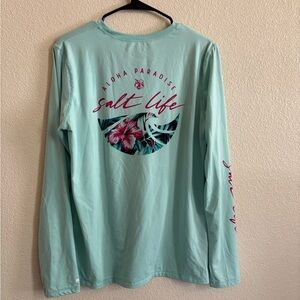 Salt Life Women’s Mint Green Long Sleeve Swim Coverup with Pink Floral Logo